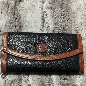 Vintage Dooney & Bourke Black Pebbled Leather Continental Wallet with Brown Trim